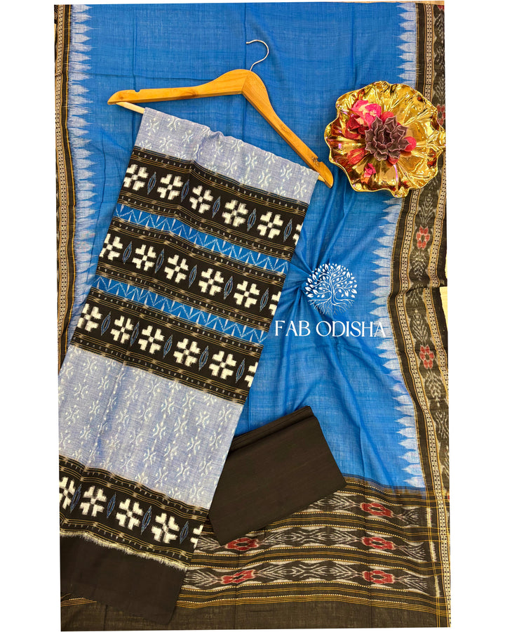 PASSAPALI BLUE- BLACK PURE SAMBALPURI DOUBLE IKAT COTTON DRESS MATERIAL SET