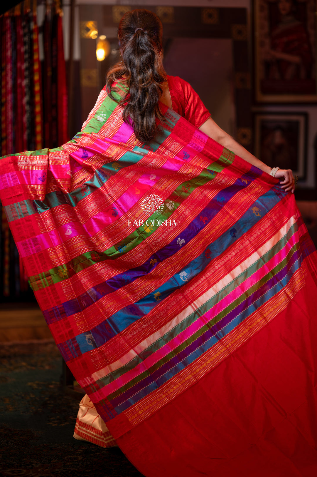 MASTERPIECE PUJA SPECIAL RUDRAKSH BORDER MULTI COLOURED MOTIF BERHAMPURI DOUBLE PALLU SILK SAREE