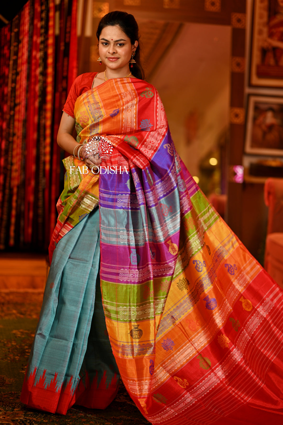 NEEL- TARANG COLOURFUL MOTIF BERHAMPURI DOUBLE ANCHAL PATTA SILK SAREE