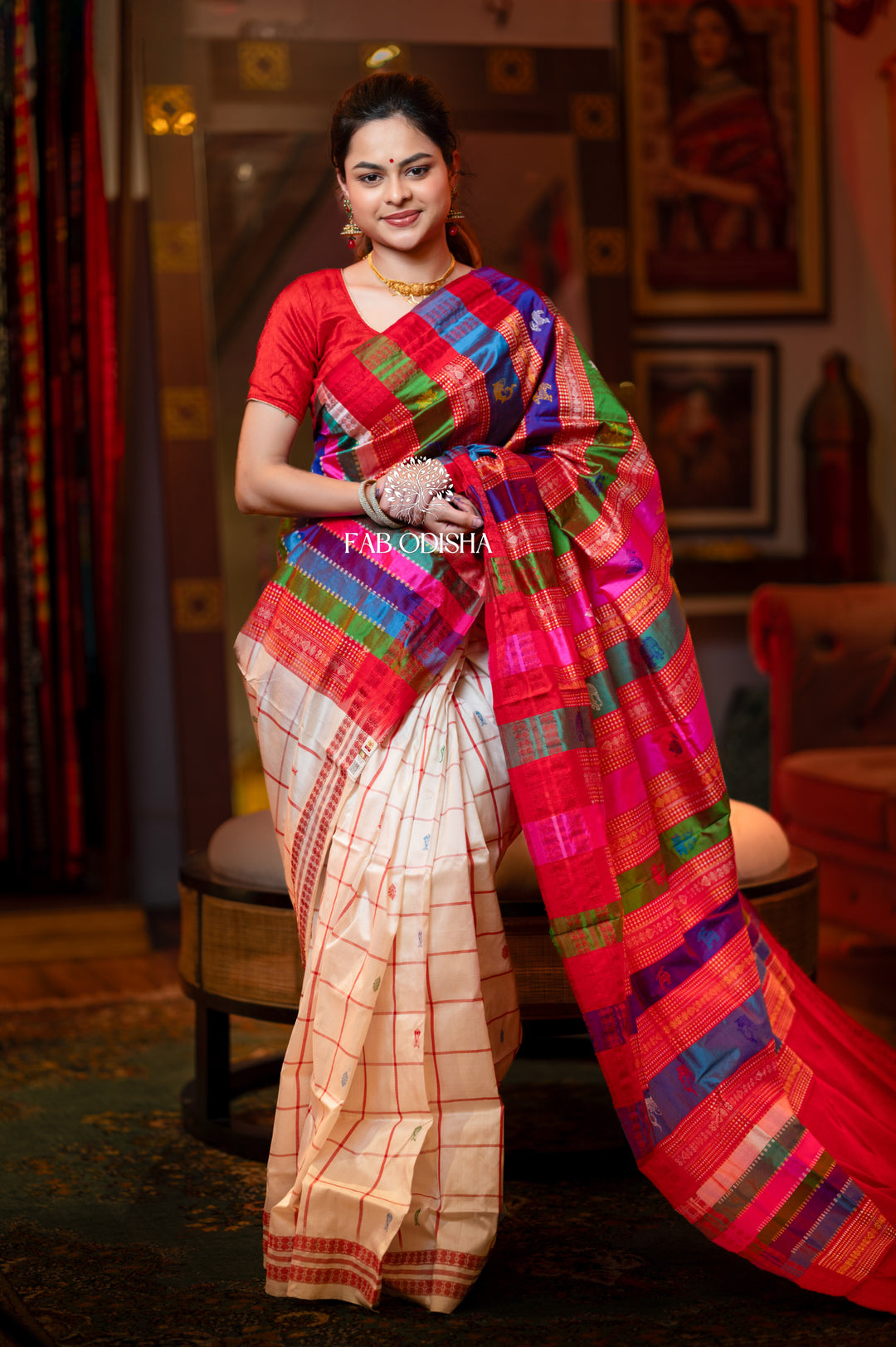 MASTERPIECE PUJA SPECIAL RUDRAKSH BORDER MULTI COLOURED MOTIF BERHAMPURI DOUBLE PALLU SILK SAREE