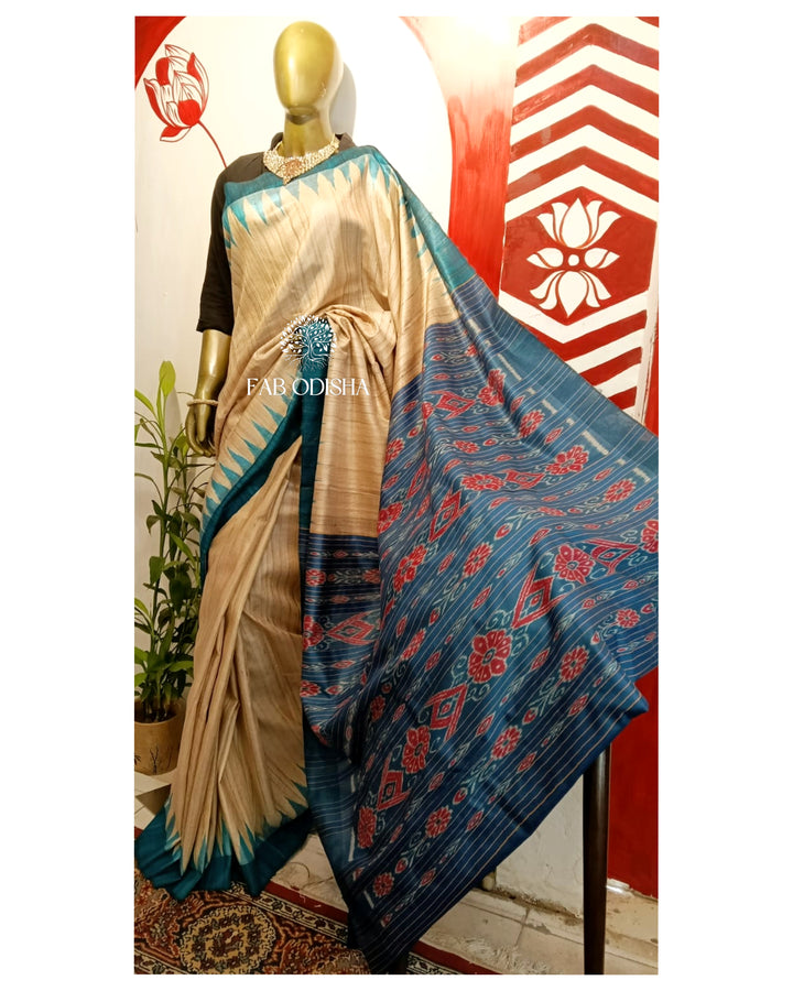 BEIGE - BLUE GICHA TUSSAR SILK SAREE