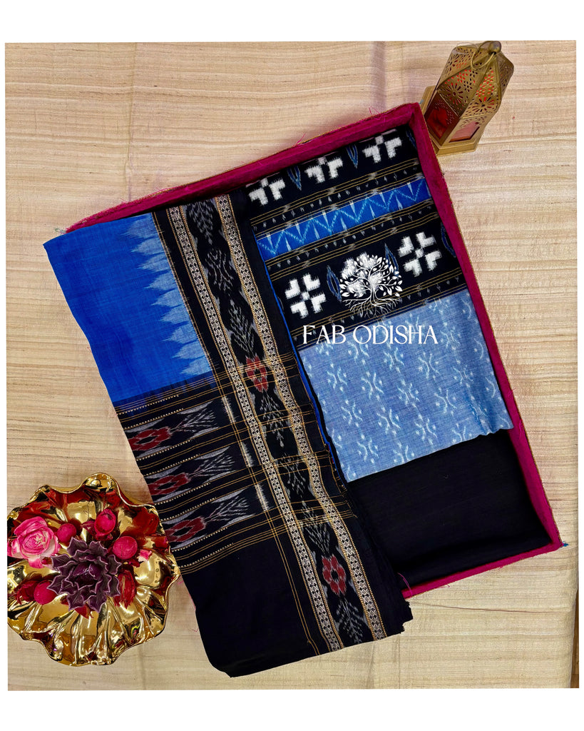 PASSAPALI BLUE- BLACK PURE SAMBALPURI DOUBLE IKAT COTTON DRESS MATERIA   Fabodisha