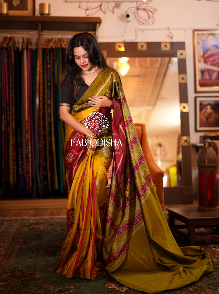 "REFRESHING TRI- COLOURED IKAT " ELITE MULBERRY HANDLOOM SILK SAREE