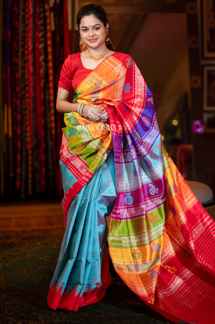NEEL- TARANG COLOURFUL MOTIF BERHAMPURI DOUBLE ANCHAL PATTA SILK SAREE
