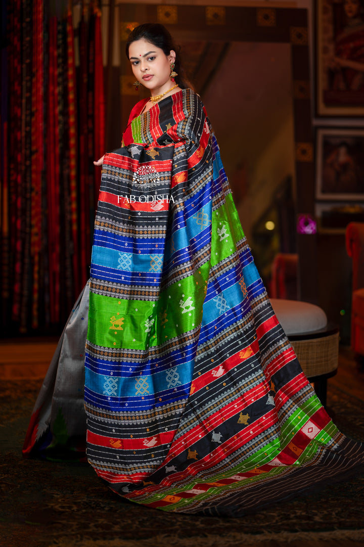 ENCHANTING SILVER STREAKED PRECIOUS MOTIF DOUBLE ANCHAL , RUDRAKH BORDER BERHAMPURI PATTA SAREE