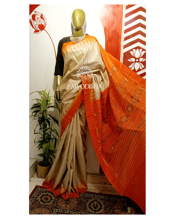 BEIGE-ORANGE GHICHA TUSSAR SILK SAREE