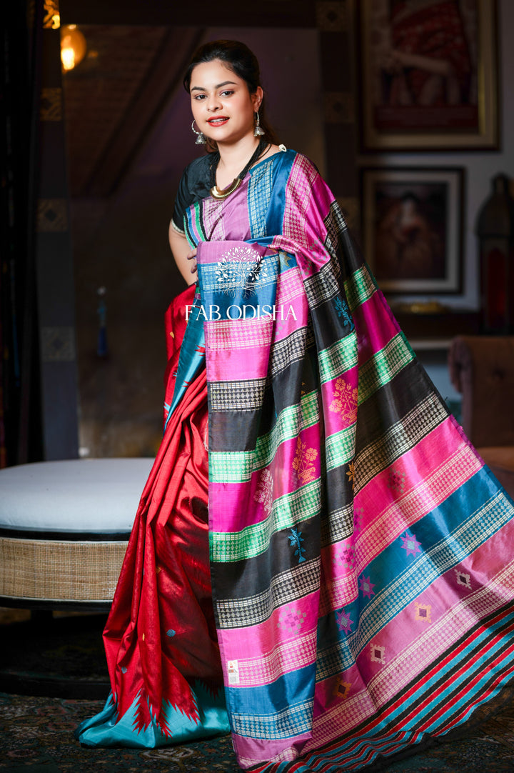 GULMOHAR GULAB MULBERRY SILK BERHAMPURI PATTA DOUBLE PALLU SAREE