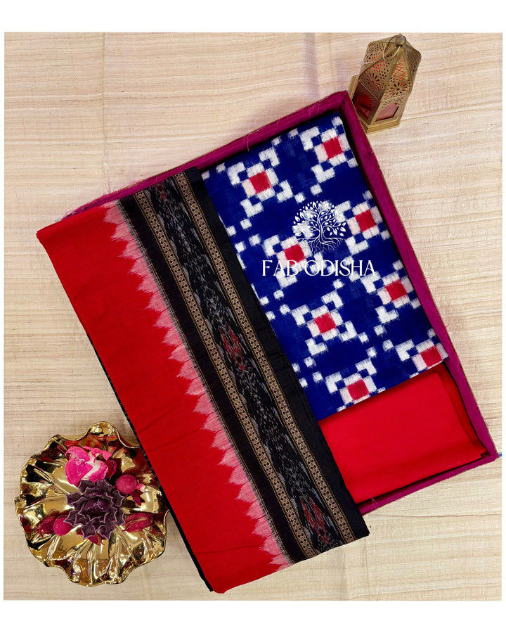 PASSAPALI BLUE- RED PURE SAMBALPURI DOUBLE IKAT COTTON DRESS MATERIAL SET