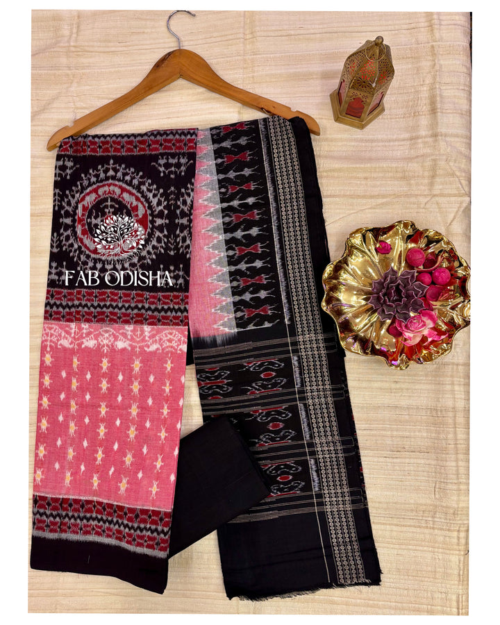 TRIBAL PINK BLACK SAMBALPURI DOUBLE IKAT HANDWOVEN COTTON DRESS MATERIAL SET
