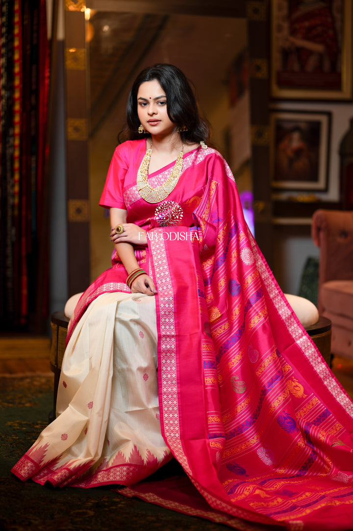 PADMINI- OFF WHITE RUDRAKSH BORDER COLOURFUL MOTIF BERHAMPURI DOUBLE ANCHAL PATTA SILK SAREE