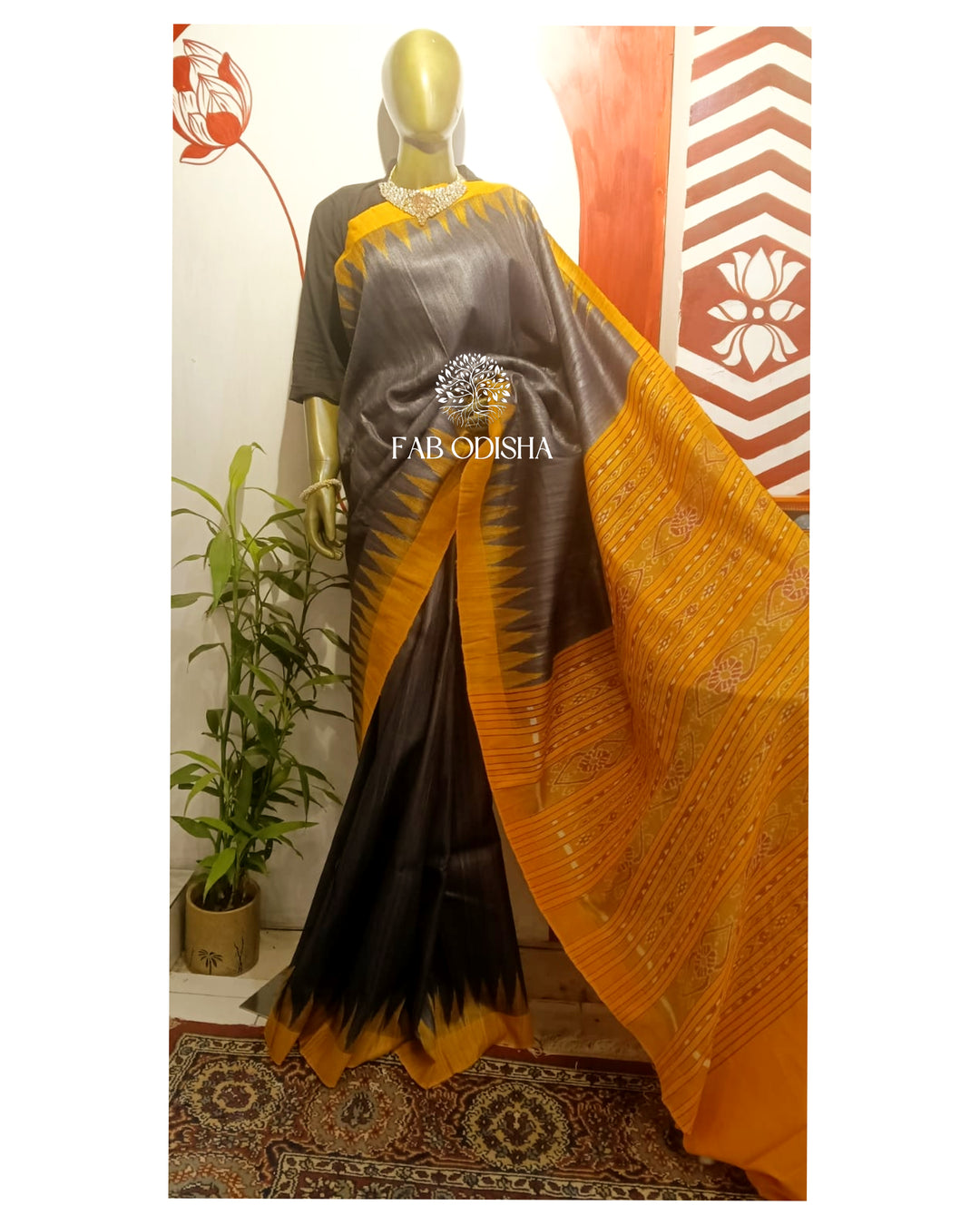 RAVEN BLACK -ORANGE GICHA TUSSAR SILK SAREE