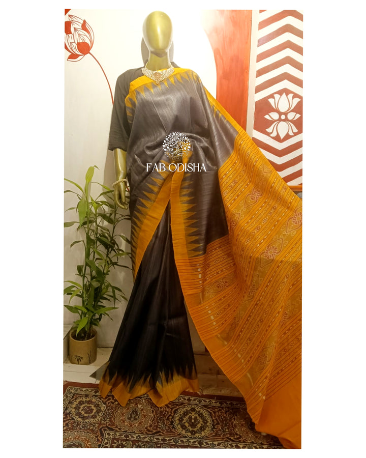 RAVEN BLACK -ORANGE GICHA TUSSAR SILK SAREE