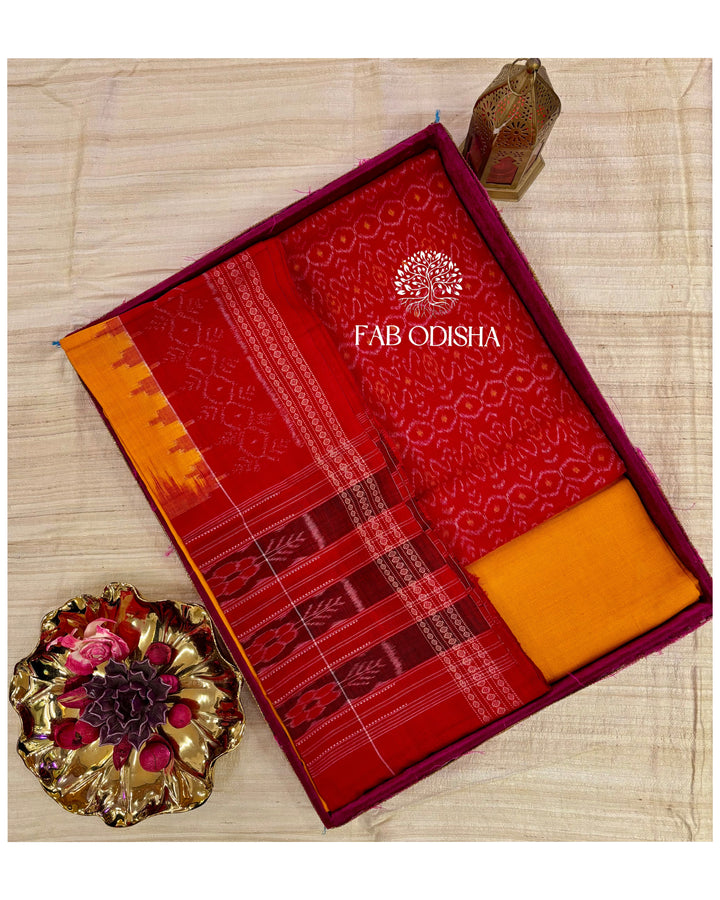 MUSTARD MASTI PURE SAMBALPURI PASSAPALI DOUBLE IKAT COTTON DRESS MATERIAL SET
