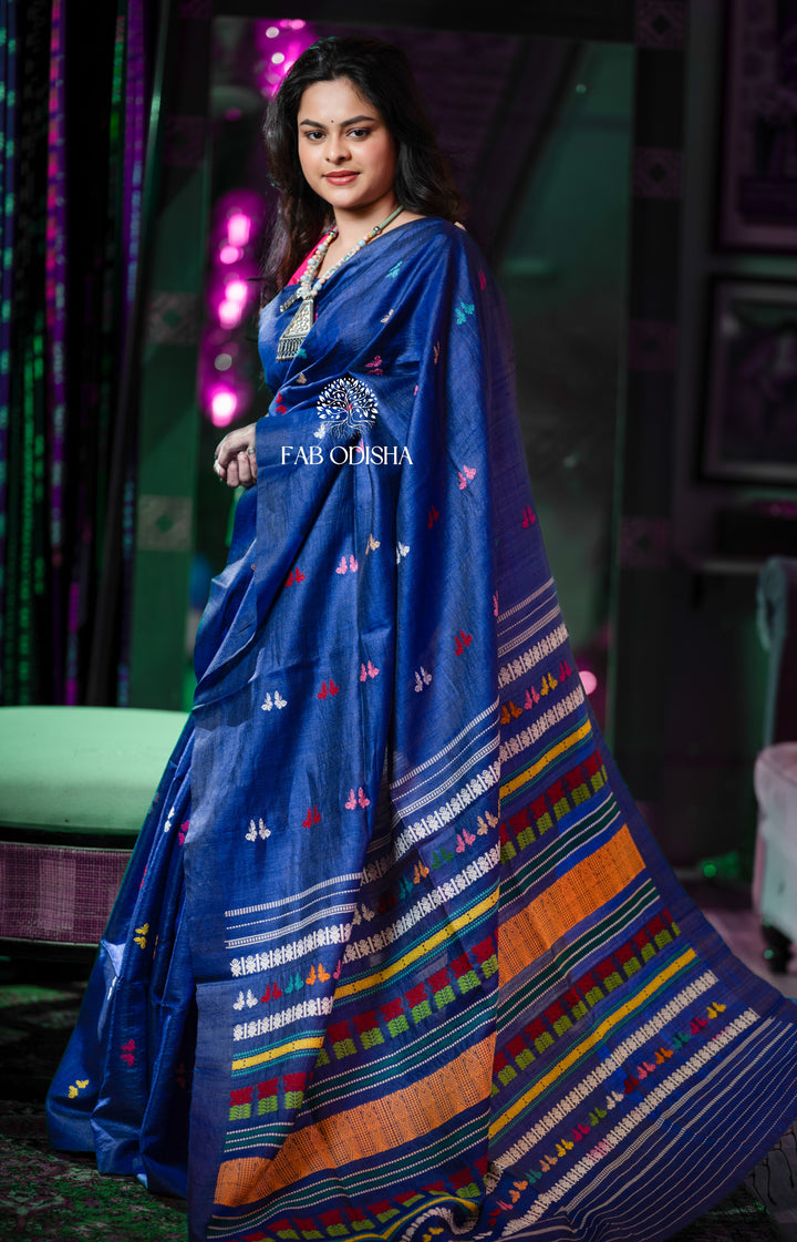 "TITLI UPVAN" NAVY BLUE FINE TUSSAR JALLA SAREE