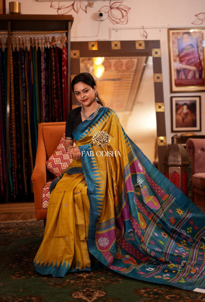 GLISTENING MUSTARD DANCING MUDRA - HERITAGE FINE TUSSAR SAREE