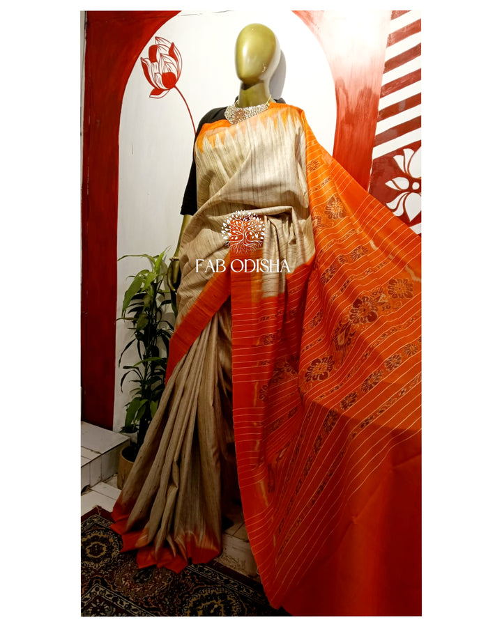BEIGE-ORANGE GHICHA TUSSAR SILK SAREE