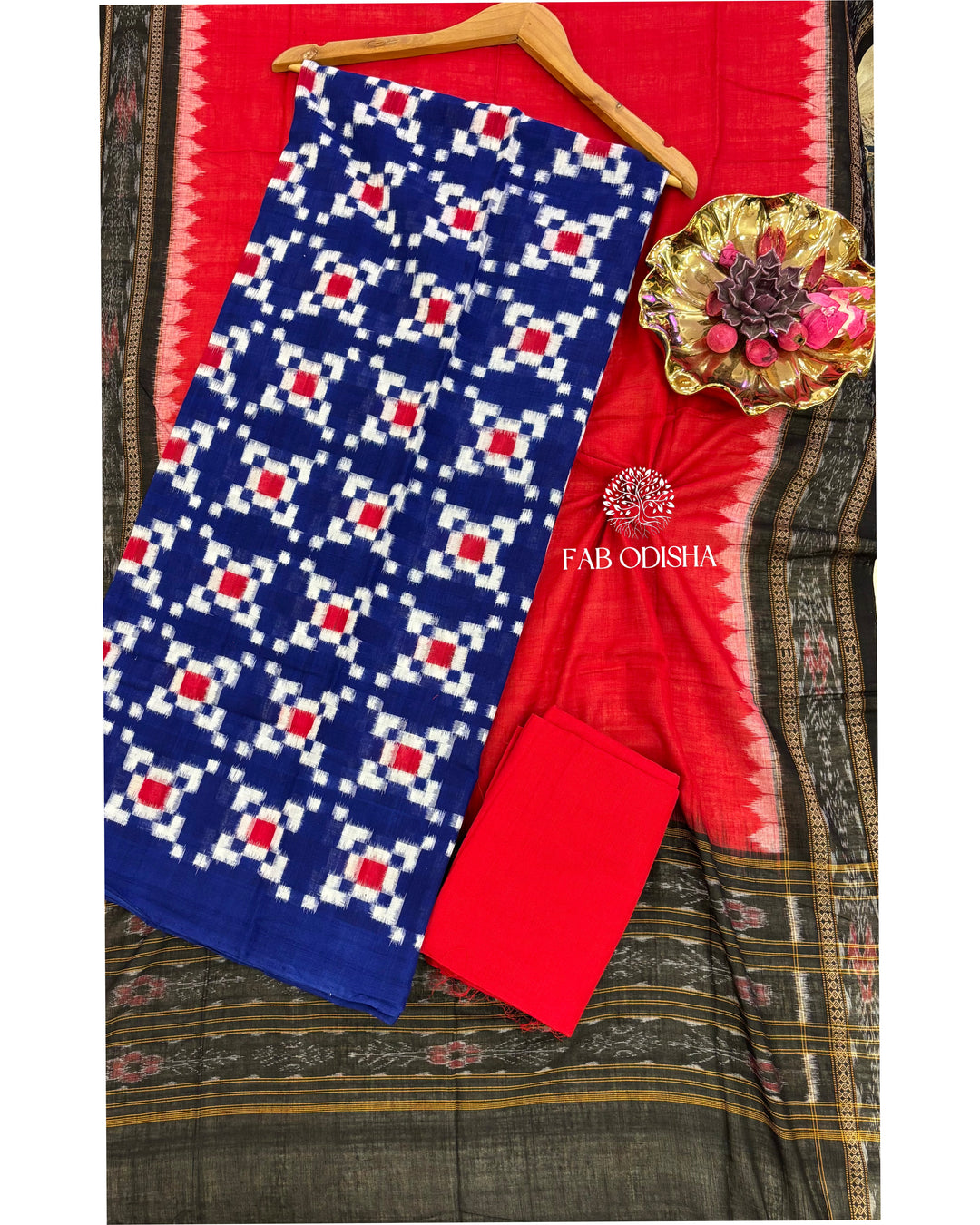 PASSAPALI BLUE- RED PURE SAMBALPURI DOUBLE IKAT COTTON DRESS MATERIAL SET
