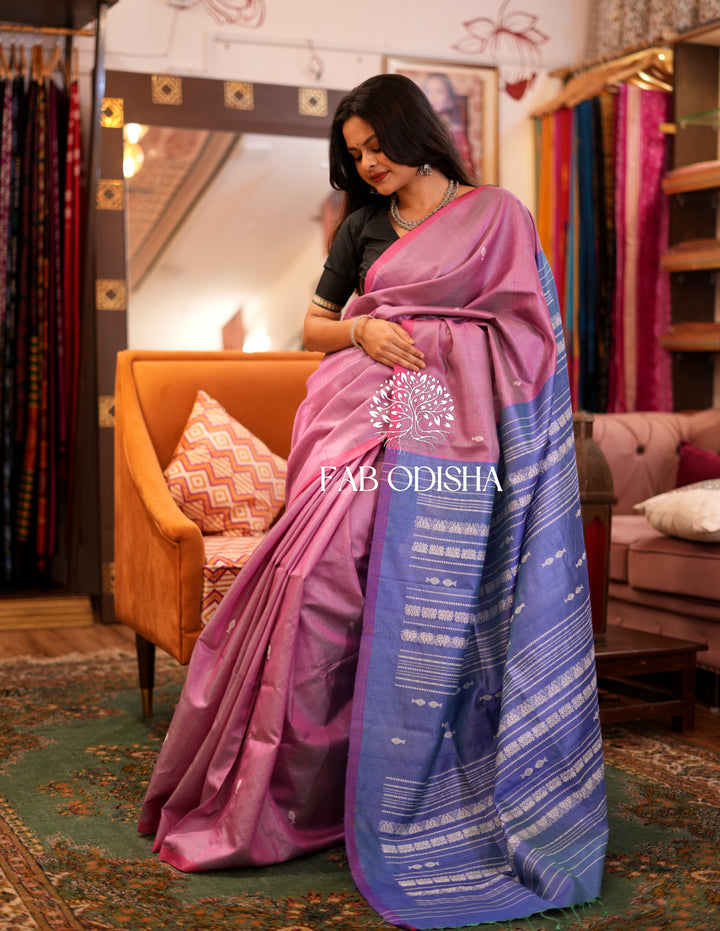 ONION-PINK MATSYA FINE TUSSAR SILK SAREE