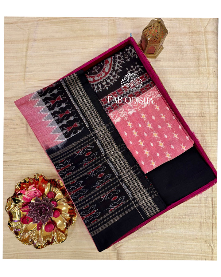 TRIBAL PINK BLACK SAMBALPURI DOUBLE IKAT HANDWOVEN COTTON DRESS MATERIAL SET