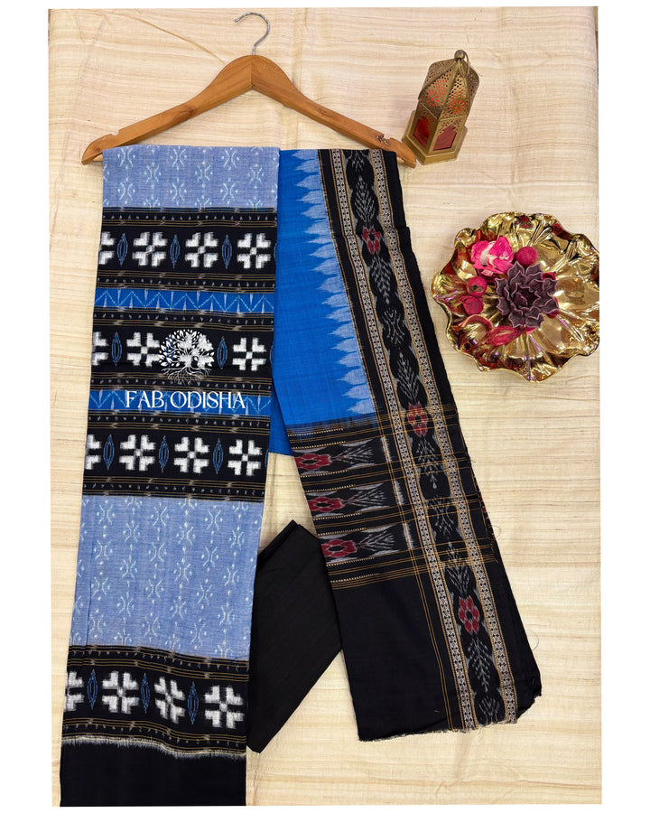 PASSAPALI BLUE- BLACK PURE SAMBALPURI DOUBLE IKAT COTTON DRESS MATERIAL SET