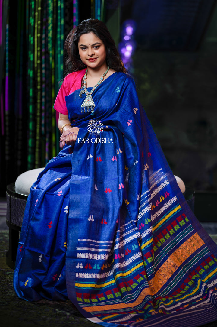 "TITLI UPVAN" NAVY BLUE FINE TUSSAR JALLA SAREE