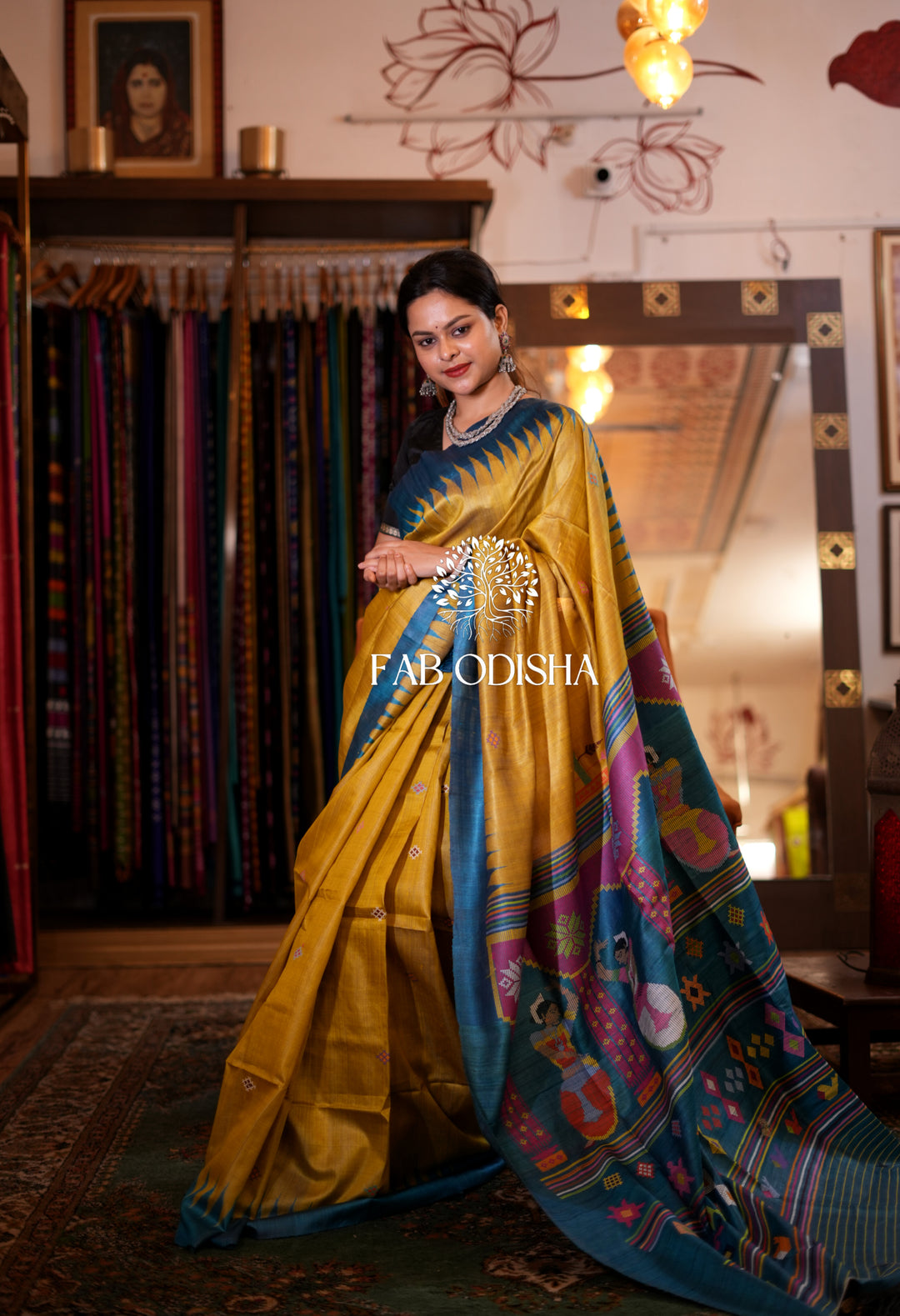 GLISTENING MUSTARD DANCING MUDRA - HERITAGE FINE TUSSAR SAREE