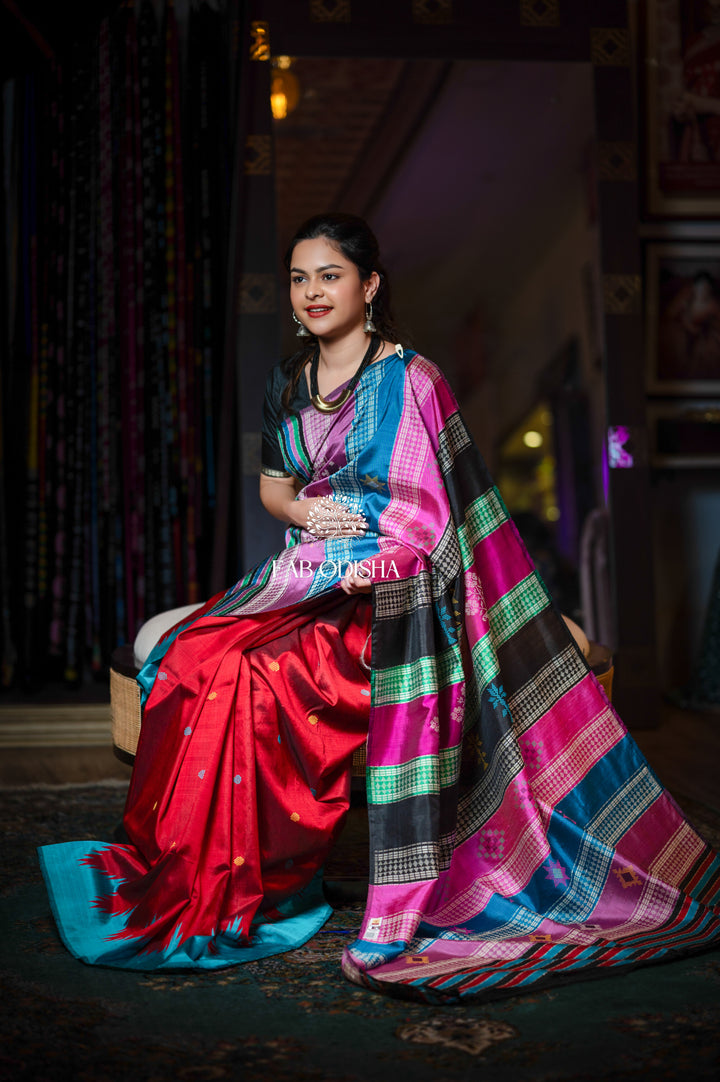 GULMOHAR GULAB MULBERRY SILK BERHAMPURI PATTA DOUBLE PALLU SAREE