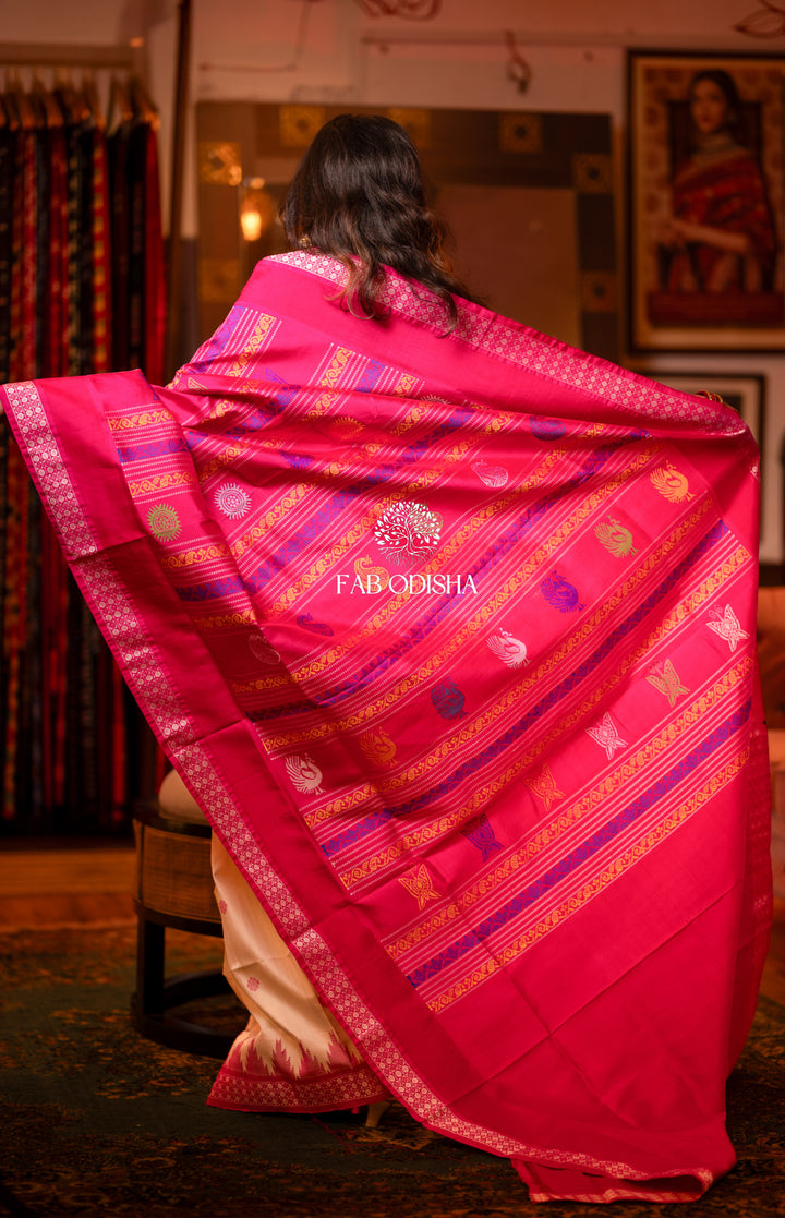 PADMINI- OFF WHITE RUDRAKSH BORDER COLOURFUL MOTIF BERHAMPURI DOUBLE ANCHAL PATTA SILK SAREE