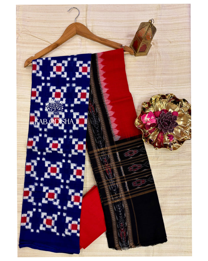 PASSAPALI BLUE- RED PURE SAMBALPURI DOUBLE IKAT COTTON DRESS MATERIAL SET