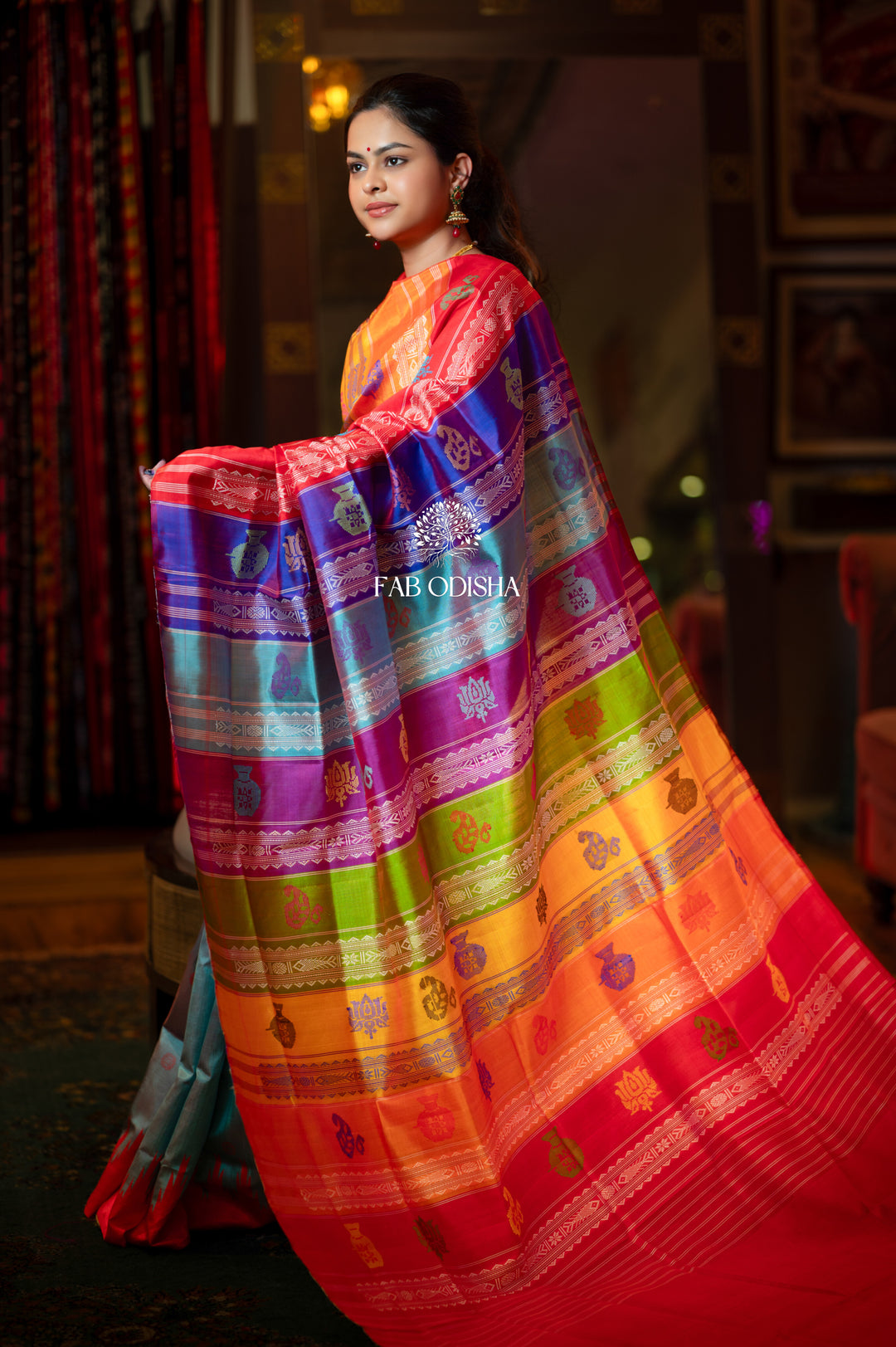 NEEL- TARANG COLOURFUL MOTIF BERHAMPURI DOUBLE ANCHAL PATTA SILK SAREE