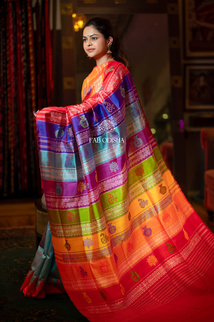 NEEL- TARANG COLOURFUL MOTIF BERHAMPURI DOUBLE ANCHAL PATTA SILK SAREE