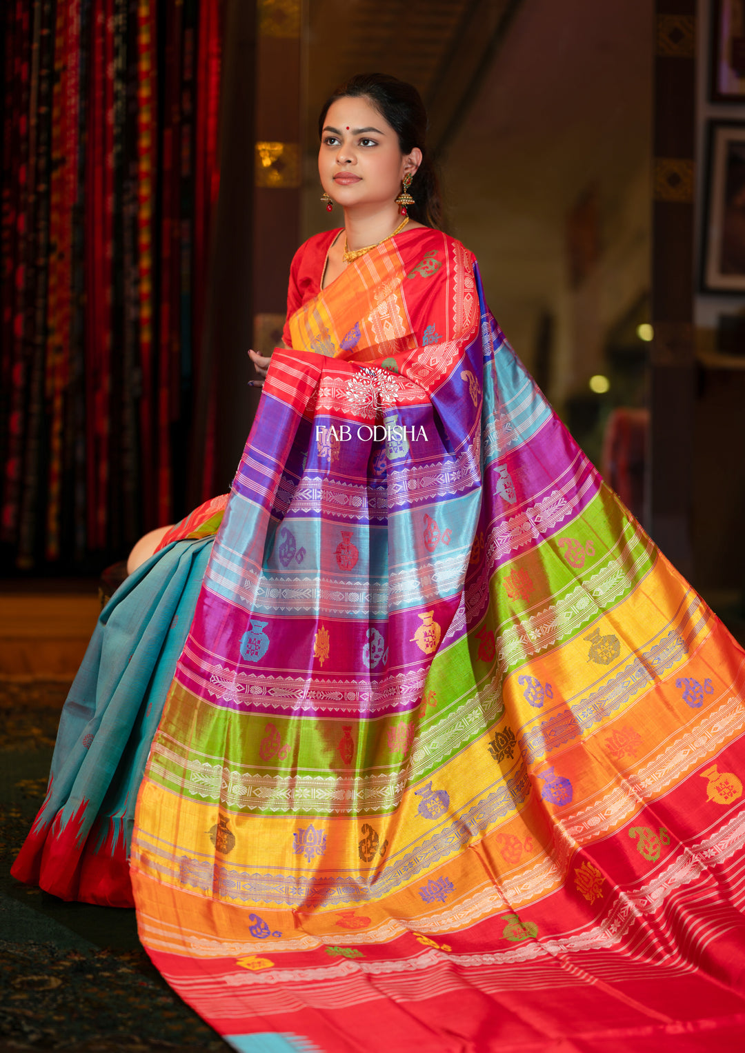 NEEL- TARANG COLOURFUL MOTIF BERHAMPURI DOUBLE ANCHAL PATTA SILK SAREE