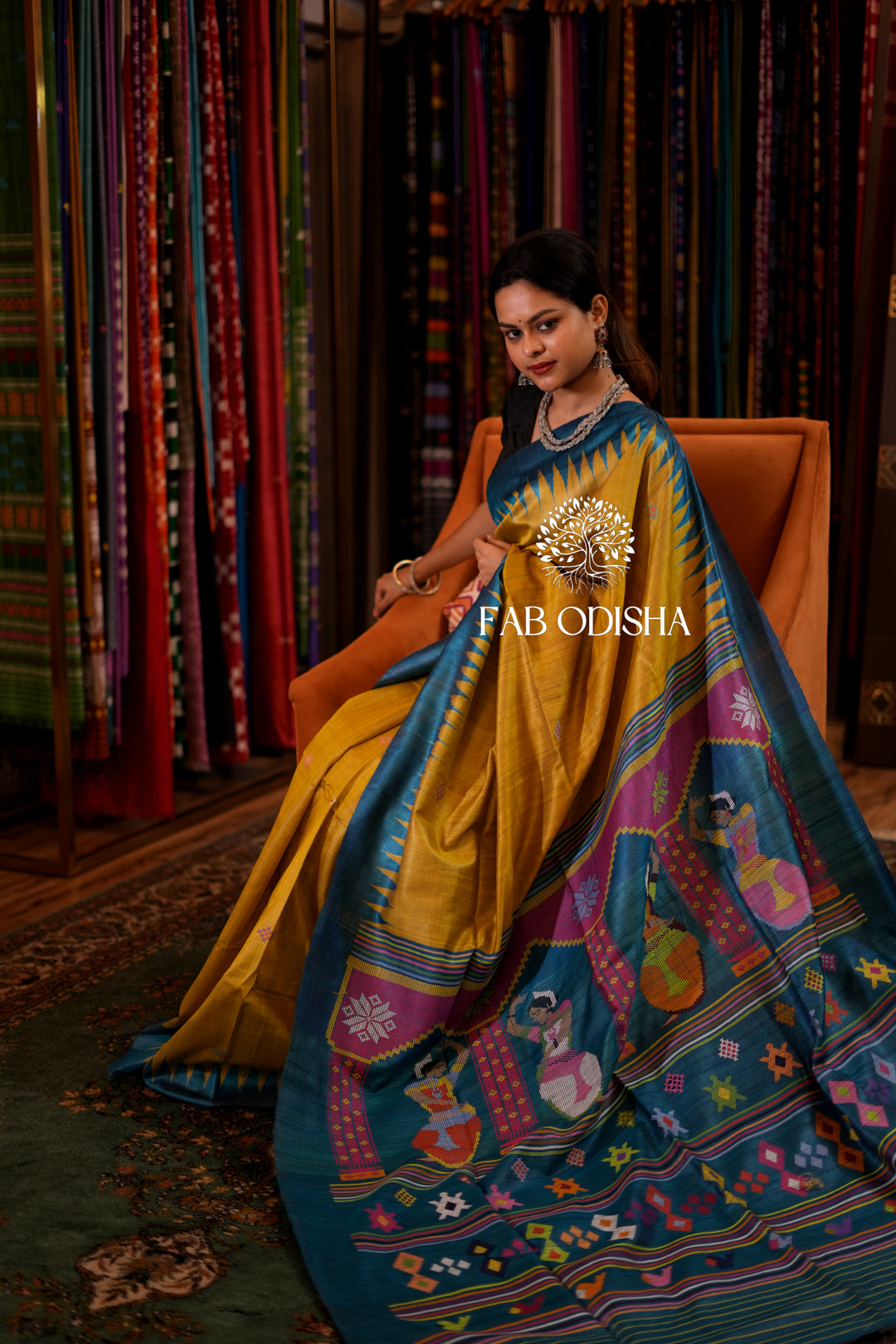 GLISTENING MUSTARD DANCING MUDRA - HERITAGE FINE TUSSAR SAREE
