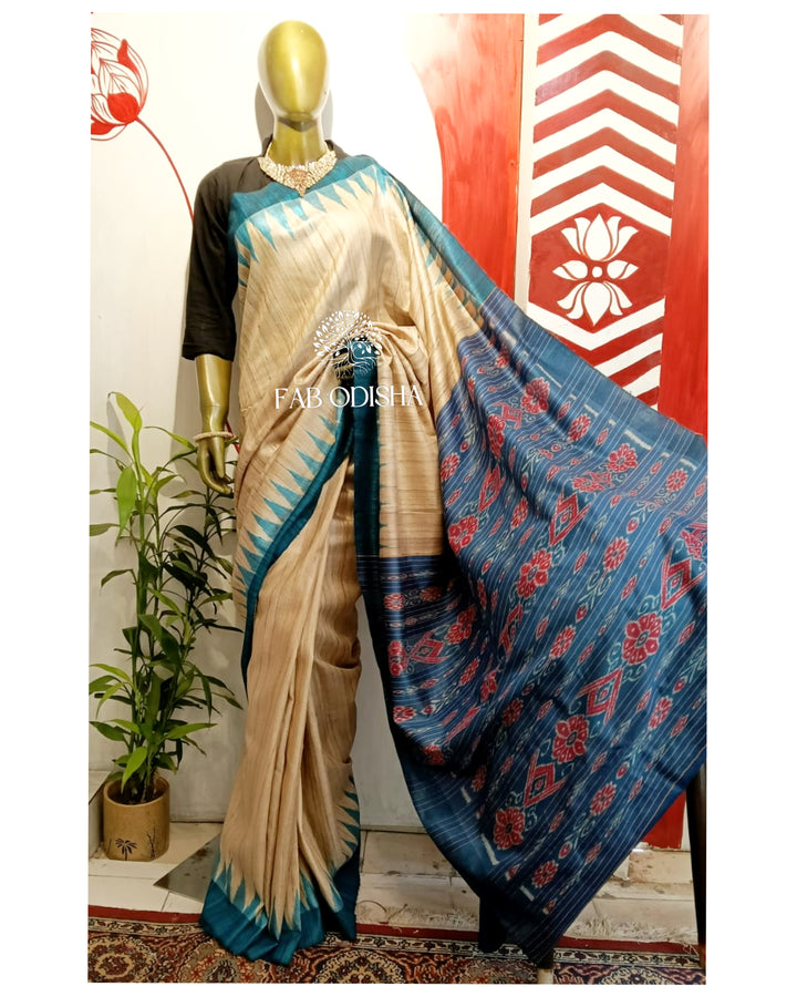 BEIGE - BLUE GICHA TUSSAR SILK SAREE