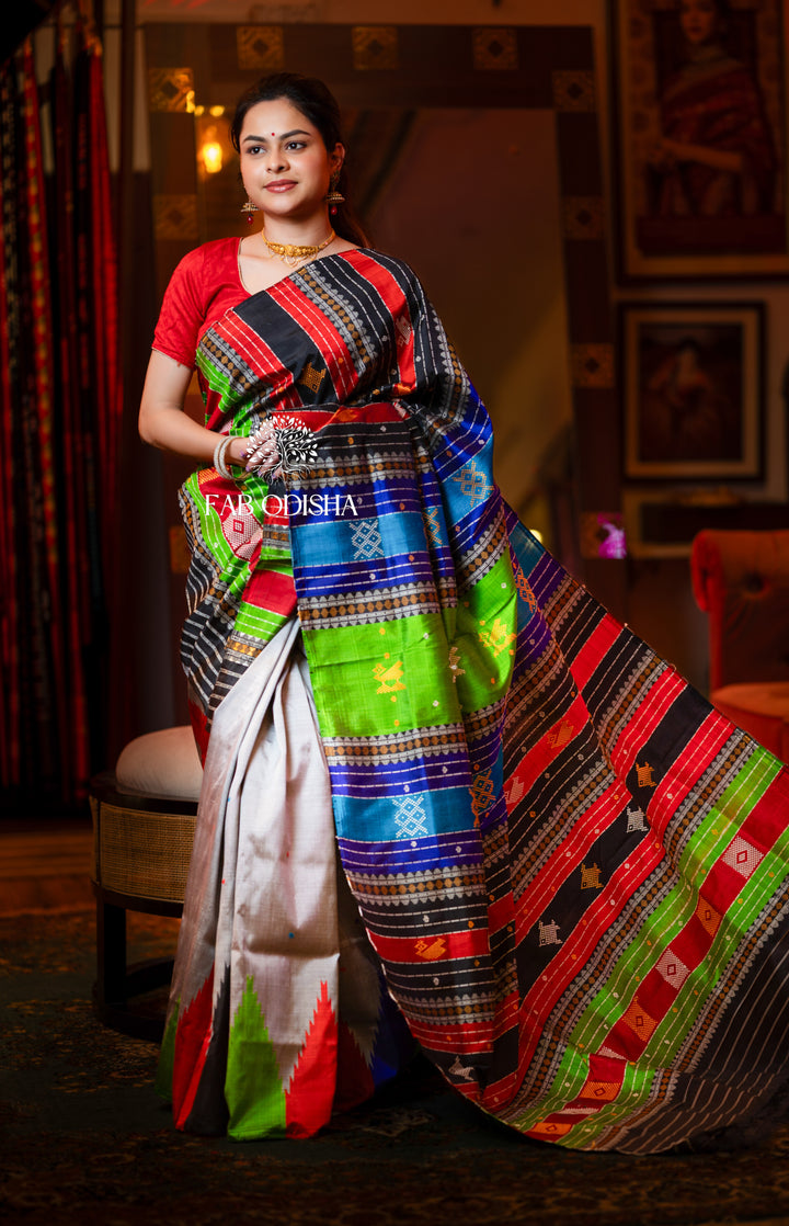 ENCHANTING SILVER STREAKED PRECIOUS MOTIF DOUBLE ANCHAL , RUDRAKH BORDER BERHAMPURI PATTA SAREE