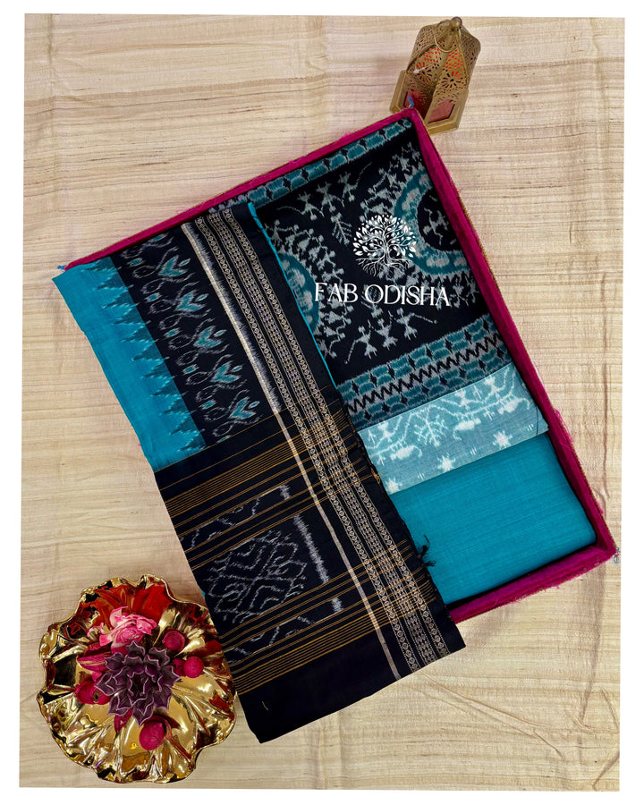 TRIBAL GREEN BLACK SAMBALPURI DOUBLE IKAT HANDWOVEN COTTON DRESS MATERIAL SET
