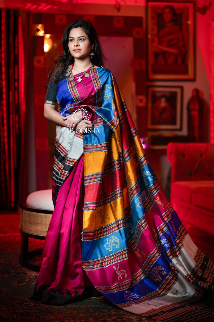 PINK LUXURIOUS MATSYA BODY ANIMAL MOTIF DOUBLE AANCHAL FINE MULBERRY SILK BERHAMPURI PATTA
