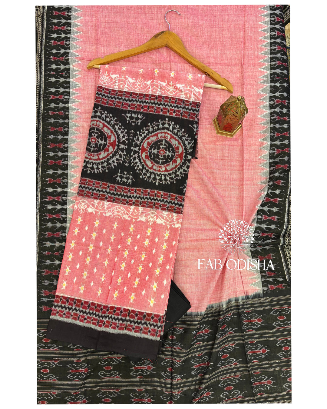 TRIBAL PINK BLACK SAMBALPURI DOUBLE IKAT HANDWOVEN COTTON DRESS MATERI – Fabodisha
