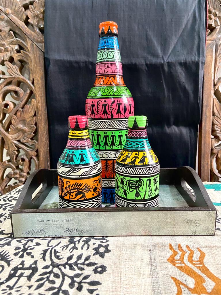 SET OF THREE WARLI PATTACHITRA BOTTLES