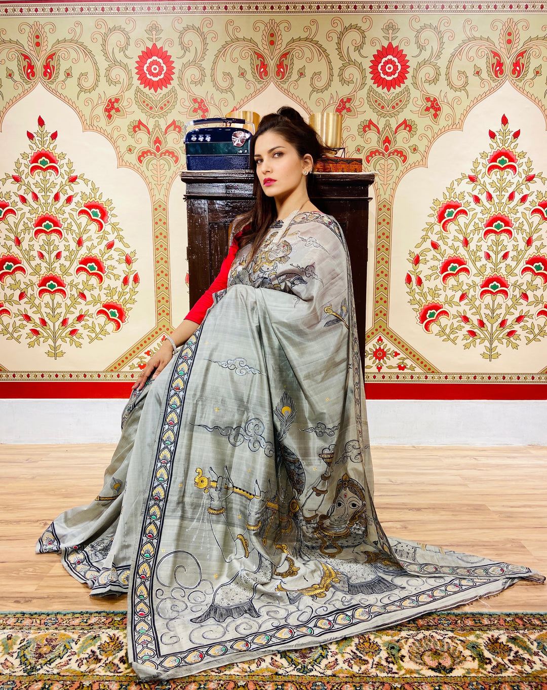 RADHA- KRISHNA PATTACHITRA HAND-PAINTED PURE SILK SAREE