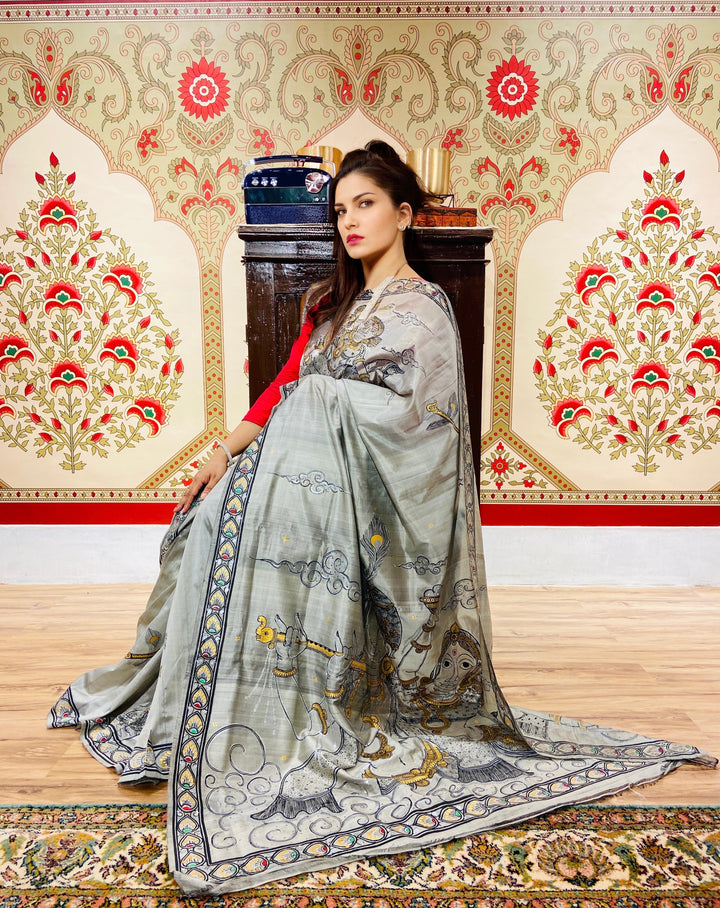RADHA- KRISHNA PATTACHITRA HAND-PAINTED PURE SILK SAREE