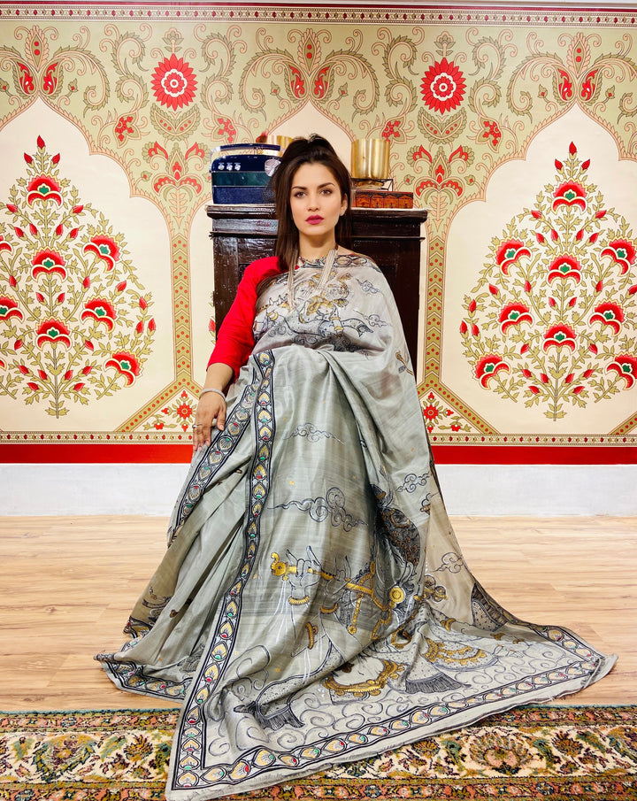 RADHA- KRISHNA PATTACHITRA HAND-PAINTED PURE SILK SAREE