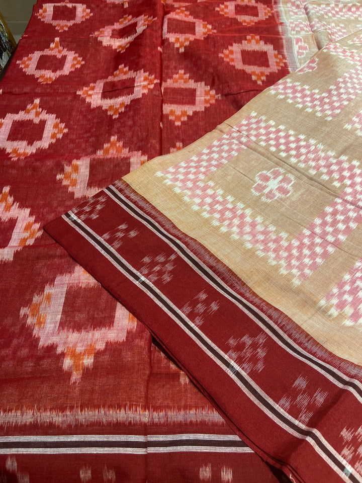 PEACHY DELIGHT DOUBLE IKAT COTTON SAREE